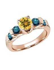 1.58 Ct Round Yellow Citrine Blue Diamond 14K Rose Gold Ring