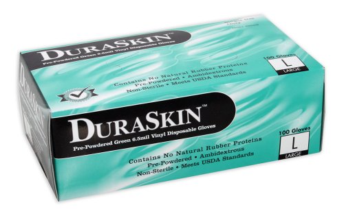 Duraskin Industrial Grade Disposable Vinyl Gloves - 6.5 mil Thick - Green - Powdered - Large - (10 boxes of 100)