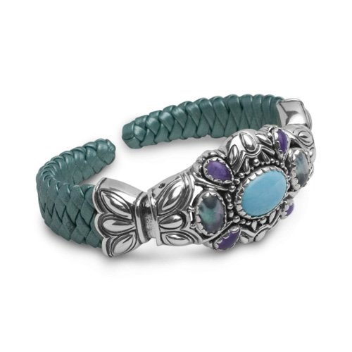 Southwest Spirit Sterling Silver Multi-Gemstone Teal Leather Cuff Bracelet