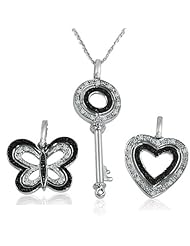 Black and White Diamond 3 Necklace Set in Sterling Silver Key, Heart & Butterfly (1/5cttw. 18in. Chain)