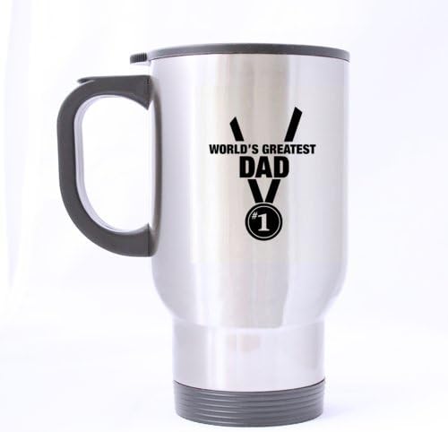 Sweet WORLD'S GREATEST DAD #1 Medal Design Stainless Steel Travel Coffee/Tea Mugs Sliver 14 Ounce Father's day gift