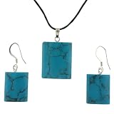 Turquoise (S) Rectangle Pendant and Earring Set - Pendant (18x23mm), Earrings (14x18mm) - Adjustable Cord Necklace