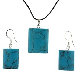 Turquoise (S) Rectangle Pendant and Earring Set - Pendant (18x23mm), Earrings (14x18mm) - Adjustable Cord Necklace