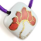 Painted Blush Red Lotus With Fine Gold Detail - Purple Haze Woven Accents - White Hand Made Diamond Shape Ceramic Pendant - Dark Brown Adjustable Necklace
