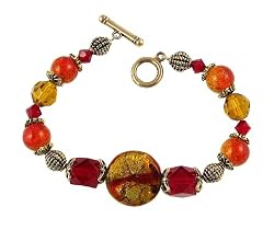 Bracelet - B23 - Handmade Murano Glass & Fire-Polished Beads - Round Crackle Beads - Toggle Closure ~ Red & Gold