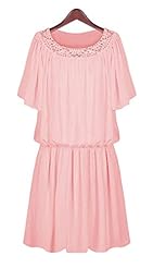 Plus Size Elasticized   Waistline Pleated  Illusion Cotton Short Sleeves Summer Midi Dress  With Rhinestones
