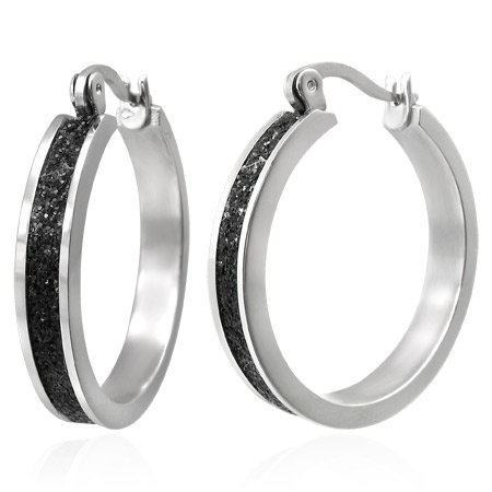 External hard drive:The Stainless Steel Jewellery Shop - 25mm Stainless Steel Earrings with Black Cubic Zirconia Band - Hinged