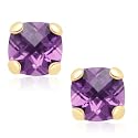 10k Yellow Gold Checker Board Cushion Cut Amethyst Stud Earrings