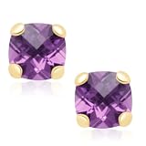 10k Yellow Gold Checker Board Cushion Cut Amethyst Stud Earrings