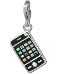 SilberDream Charm smartphone black enameled with white zirconia, 925 Sterling Silver Charms Pendant with Lobster Clasp for Charms Bracelet, Necklace or Earring FC821S