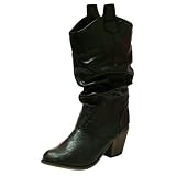 Western Style Black Slouched Chunky Heel Cowboy Boots