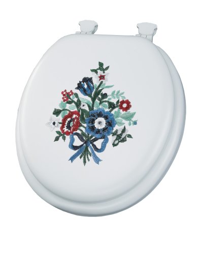 Mayfair 1317EC 000 Bouquet Embroidered Soft Toilet Seat with Lift-Off Hinges, Round, White