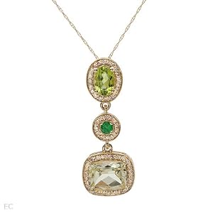 Necklace With 3.20ctw Precious Stones - Genuine Clean Diamonds, Diopside, Peridot and Quartz Made in 14K Yellow Gold Length 18in