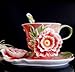 Glodeals (TM) Hand Crafted Porcelain Enamel Graceful Fower Tea Coffee Cup Set with Saucer and Spoon(Red)
