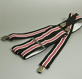 Black Suspenders red white striped Elastic X-Back Leather Button & Bronze toned Clip-On SP1001