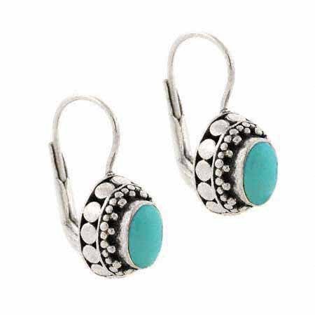 Sterling Silver Reconstituted Blue Turquoise Stone Bali Bead Oval LeverBack Lever Back Earrings