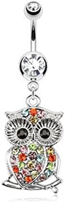 DSJ Stainless Steel CZ Gem Press-Fit Belly Button Navel Ring with Gem Paved Rainbow Owl on a Branch Dangle