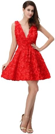 herafa p32958-12 Cocktail Dresses Gorgeous V-Neck Sleeveless Handmade Flowers Long Empire Line Red