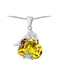 Original Star K (tm) Lucky Dolphin and StarFish Pendant with Heart Shape Simulated Citrine in 925 Sterling Silver