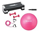 Biosync Fitness Set inc. Aerobic Step Plus, 65cm Gym Ball inc. Pump, Resistance Bands & 1kg Dumbbell Set - Pink