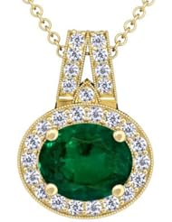18K Yellow Gold Oval Cut Emerald And Round Diamond Pendant