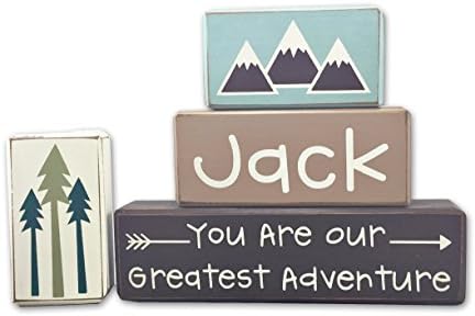 Greatest Adventure baby Nursery Decor, personalized you are our greatest adventure, woodland nursery, mountains, pine trees, stacking wood sign blocks, outdoor theme baby's room by Apple Jack Designs