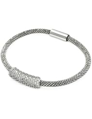 .925 Sterling Silver Rhodium Plated Mesh Design Pave Cubic Zirconia Italian Bracelet Band with Magnetic Lock - 7" Inches