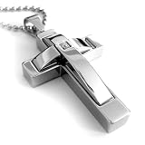 Stainless Steel Mens Cross Pendant with Stone, High Polish, High End Necklace, Free Ball Chain