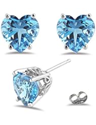 4.21 Cts Swiss Blue Topaz Heart Scroll Stud Earrings in 14K White Gold