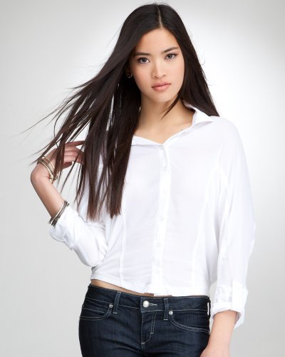 Rolled 3/4 Sleeve Double Placket Top White