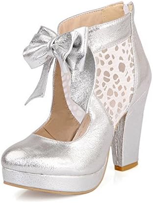 Maymoon Womens Closed Round Toe High Heel Platform Soft Material PU Solid Pumps with Bowknot, Silver, 42