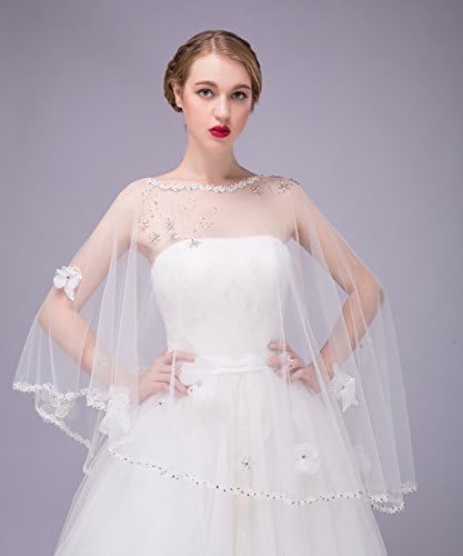 Generic Bridal Tulle Shawl with Silver Squined Lace and Flowers with Rhinestons