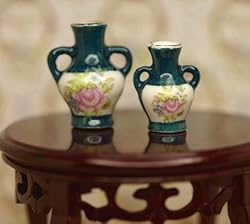 Pair of 2 Floral Vases in Dark Green Porcelain