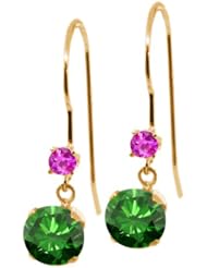 1.26 Ct Round Green Diamond Pink Sapphire 14K Yellow Gold Earrings