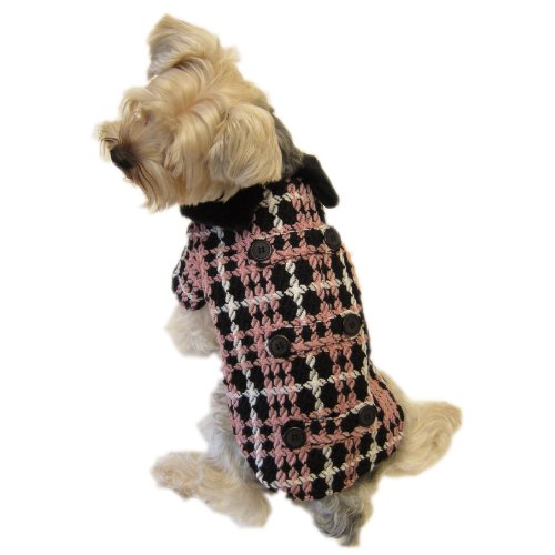 Happy Puppy Designer Dog Apparel – Vintage Tweed Toggle Dog Coat – Color: Pink, Size: S