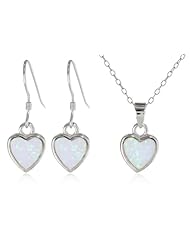 Sterling Silver Created-White Opal Inlay Heart Drop Pendant Necklace and Earrings Set