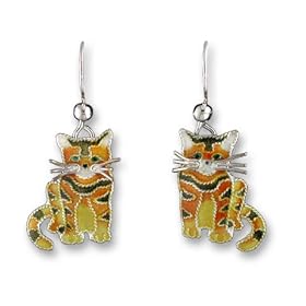 Clearly Charming Golden Tabby Cat Sterling Silver and Enamel Earrings by Zarah by 