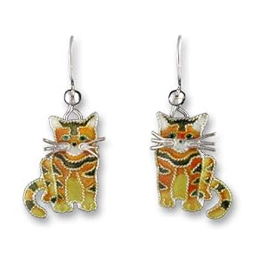Golden Tabby Cat Sterling Silver and Enamel Earrings by Zarah