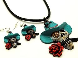 Sugar Skull with Cowboy Hat Western Cowboy Skull Necklace and Earrings Set