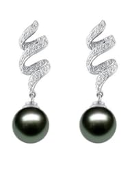 PremiumPearl 9-10mm AAA Quality Black Tahitian Pearl Earrings 18k White Gold & Diamonds