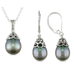 9-10 mm Drop Black Tahitian Pearl Earring and Pendant Set in Silver by 