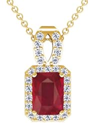 18K Yellow Gold Emerald Cut Ruby And Round Diamond Pendant