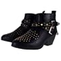 TRUFFLE Black Twin Buckle Stud Detail Cuban Heel Ankle Boots
