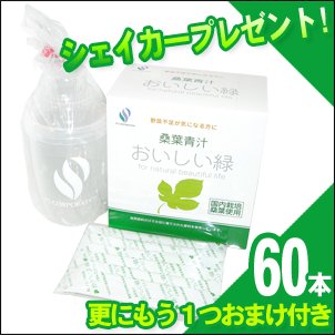 【シェイカー（容器）プレゼント！更におまけ有り！】桑葉青汁 おいしい緑セット（２ｇｘ６０本）- 桑葉青汁「おいしい緑」は、桑の葉に大麦の若葉と有胞子乳酸菌を加えた おいしく飲みやすい細粒タイプの栄養補助食品です。