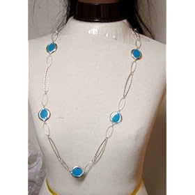 With Sterling Silver with Flat Blue Jade Disc Perry Francois Long Chain Necklace and Earrings