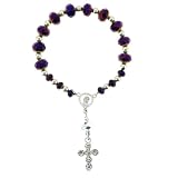 Purple Crystal Rosary Braclet with Faceted Rondell Beads in 10x8mm and Clear CZ - Cross - Stretchy - 5.25