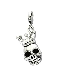 SilberDream Charm skull with 3D crown, 925 Sterling Silver Charms Pendant with Lobster Clasp for Charms Bracelet, Necklace or Earring FC694