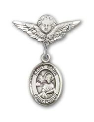 Sterling Silver Baby Badge with St. Mark the Evangelist Charm and Angel with Wings Badge Pin