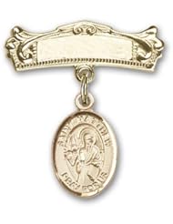 14K Gold Baby Badge with St. Matthew the Apostle Charm and Arched Polished Badge Pin