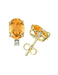 12X10mm Oval Citrine and Diamond Stud Earrings in 14K Yellow Gold